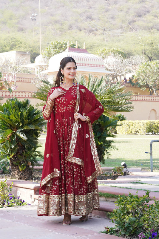 Jyoti Fashion Women's Maroon Faux Blooming Sequins Thread Embroidered Anarkali Dress with Dupatta