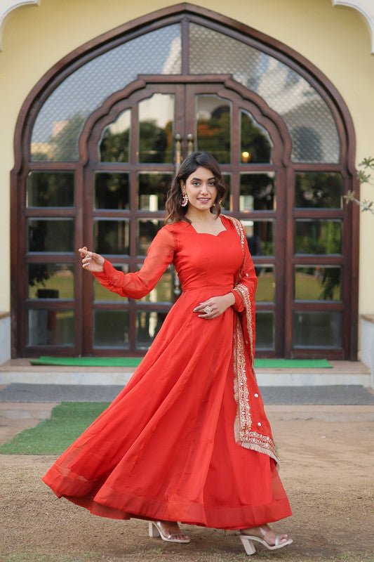 Jyoti Fashion Women's Gajri Russian Silk Kali work Partywear Anarkali Dress with Dupatta