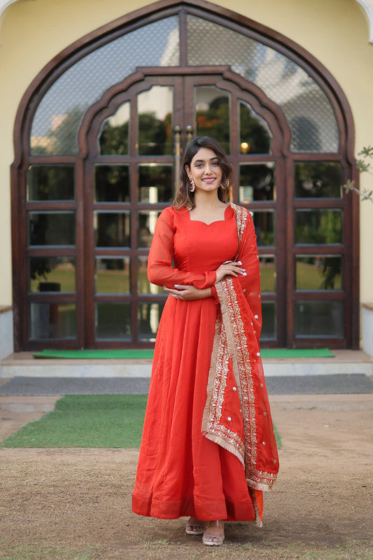Jyoti Fashion Women's Gajri Russian Silk Kali work Partywear Anarkali Dress with Dupatta
