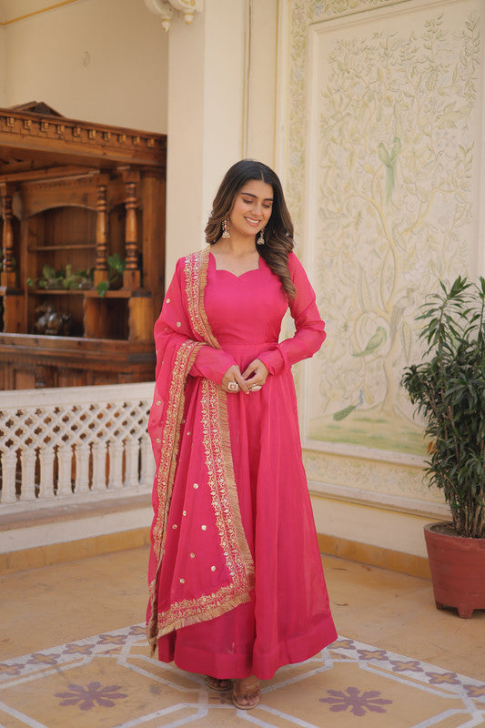 Jyoti Fashion Women's Pink Russian Silk Kali work Partywear Anarkali Dress with Dupatta