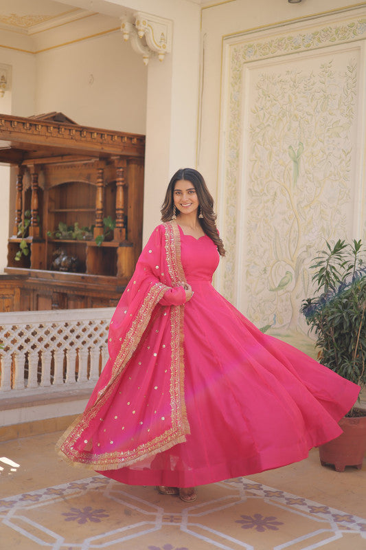 Jyoti Fashion Women's Pink Russian Silk Kali work Partywear Anarkali Dress with Dupatta