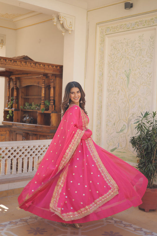 Jyoti Fashion Women's Pink Russian Silk Kali work Partywear Anarkali Dress with Dupatta
