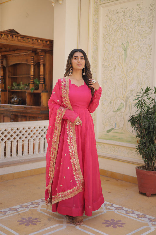 Jyoti Fashion Women's Pink Russian Silk Kali work Partywear Anarkali Dress with Dupatta