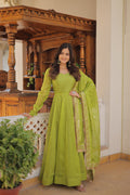 Jyoti Fashion Women's Green Russian Silk Kali work Partywear Anarkali Dress with Dupatta