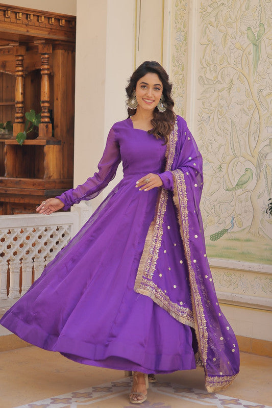 Jyoti Fashion Women's Purple Russian Silk Kali work Partywear Anarkali Dress with Dupatta