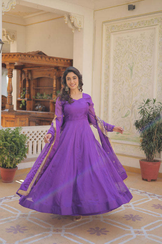 Jyoti Fashion Women's Purple Russian Silk Kali work Partywear Anarkali Dress with Dupatta