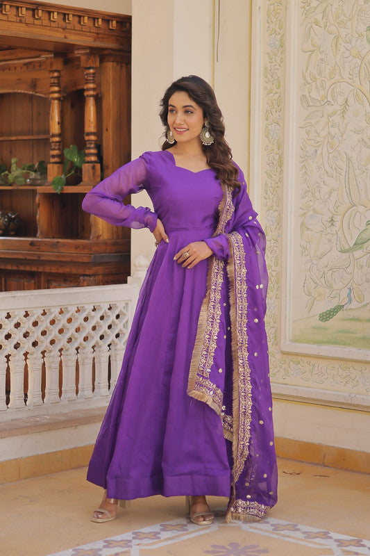 Jyoti Fashion Women's Purple Russian Silk Kali work Partywear Anarkali Dress with Dupatta