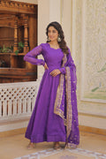 Jyoti Fashion Women's Purple Russian Silk Kali work Partywear Anarkali Dress with Dupatta