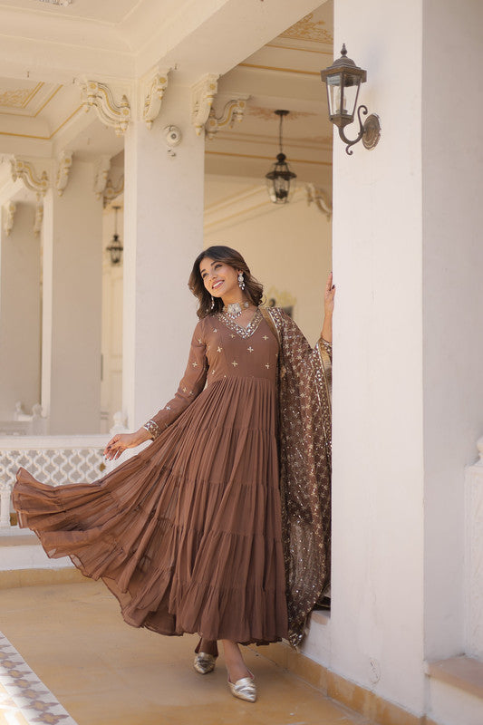 Jyoti Fashion Women's Coffee Faux Georgette Embroidered Partywear Anarkali Dress with Dupatta