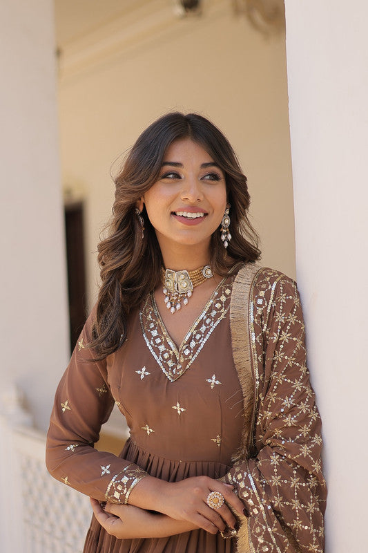 Jyoti Fashion Women's Coffee Faux Georgette Embroidered Partywear Anarkali Dress with Dupatta