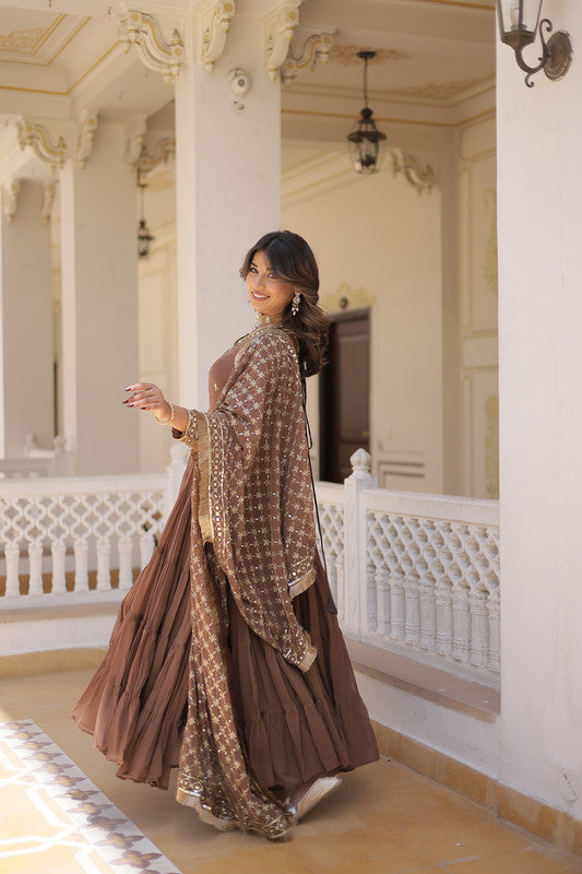 Jyoti Fashion Women's Coffee Faux Georgette Embroidered Partywear Anarkali Dress with Dupatta