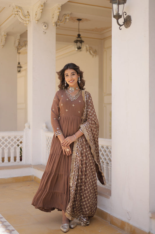 Jyoti Fashion Women's Coffee Faux Georgette Embroidered Partywear Anarkali Dress with Dupatta