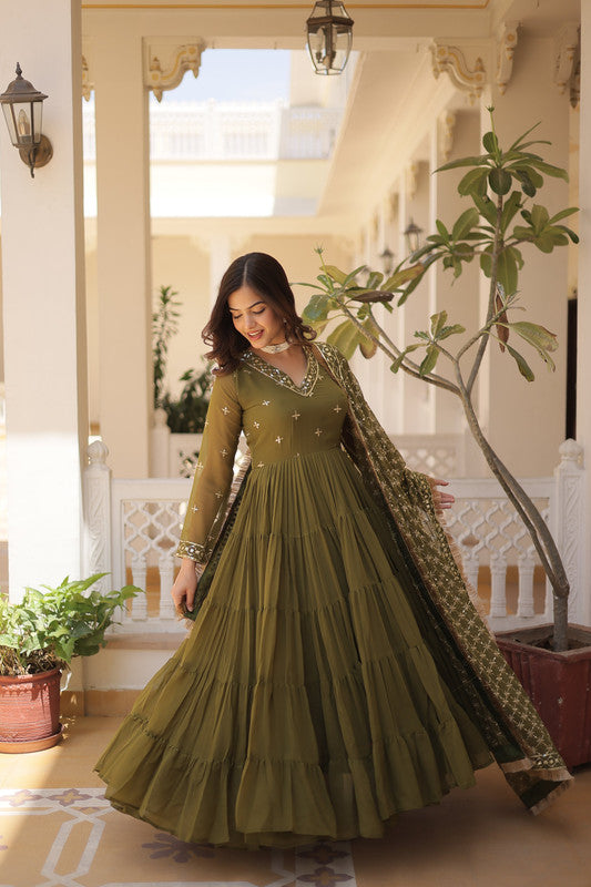 Jyoti Fashion Women's Mehendi Faux Georgette Embroidered Partywear Anarkali Dress with Dupatta