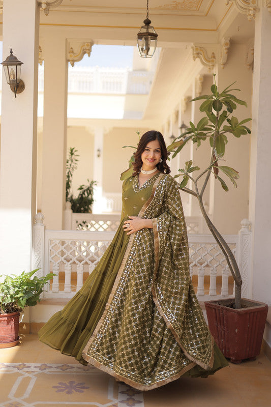 Jyoti Fashion Women's Mehendi Faux Georgette Embroidered Partywear Anarkali Dress with Dupatta