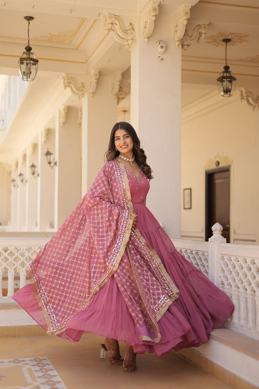 Jyoti Fashion Women's Onion Pink Faux Georgette Embroidered Partywear Anarkali Dress with Dupatta