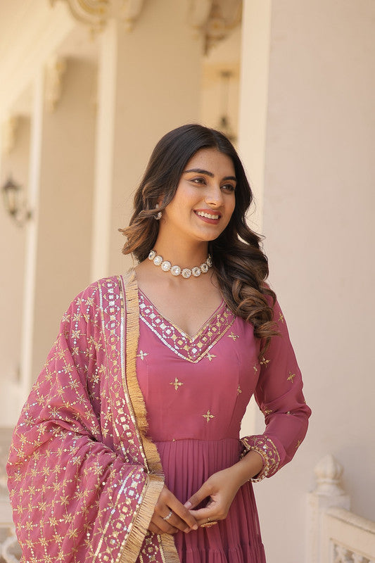 Jyoti Fashion Women's Onion Pink Faux Georgette Embroidered Partywear Anarkali Dress with Dupatta