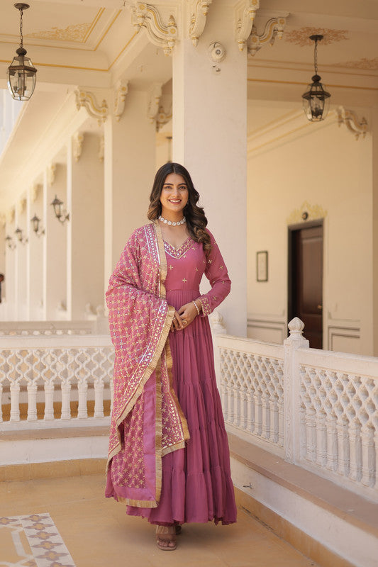 Jyoti Fashion Women's Onion Pink Faux Georgette Embroidered Partywear Anarkali Dress with Dupatta