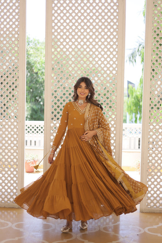 Jyoti Fashion Women's Mustard Faux Georgette Embroidered Partywear Anarkali Dress with Dupatta