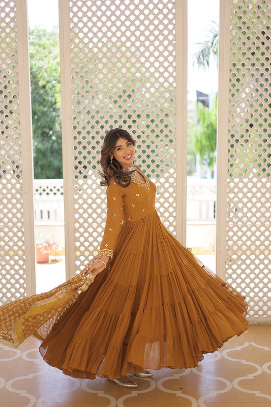 Jyoti Fashion Women's Mustard Faux Georgette Embroidered Partywear Anarkali Dress with Dupatta