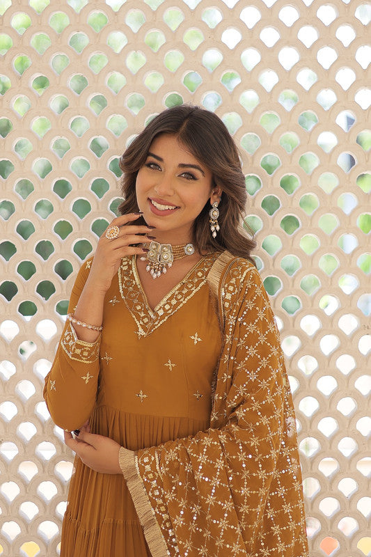 Jyoti Fashion Women's Mustard Faux Georgette Embroidered Partywear Anarkali Dress with Dupatta