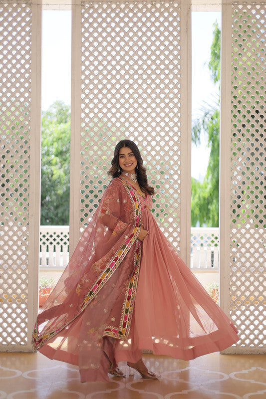 Jyoti Fashion Women's Peach Faux Georgette Sequins Zari Embroidered Anarkali Dress with Dupatta
