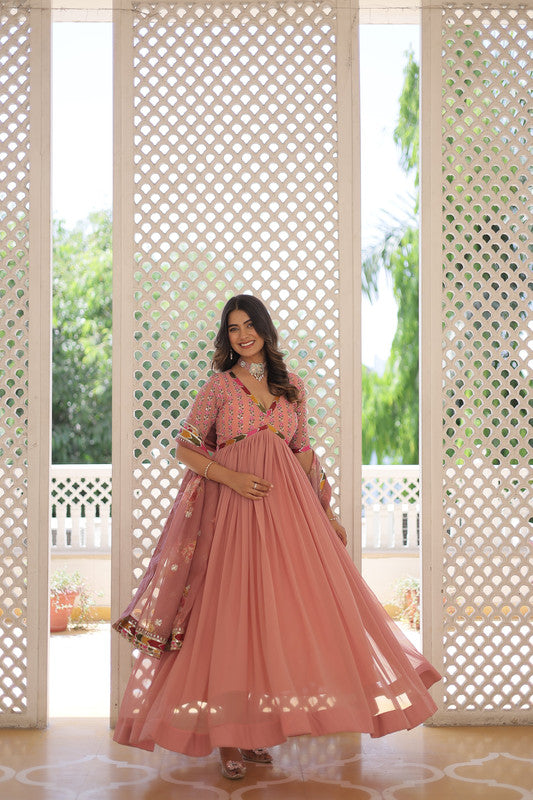 Jyoti Fashion Women's Peach Faux Georgette Sequins Zari Embroidered Anarkali Dress with Dupatta