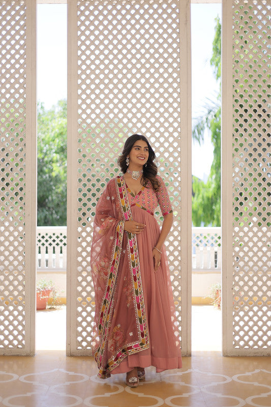 Jyoti Fashion Women's Peach Faux Georgette Sequins Zari Embroidered Anarkali Dress with Dupatta