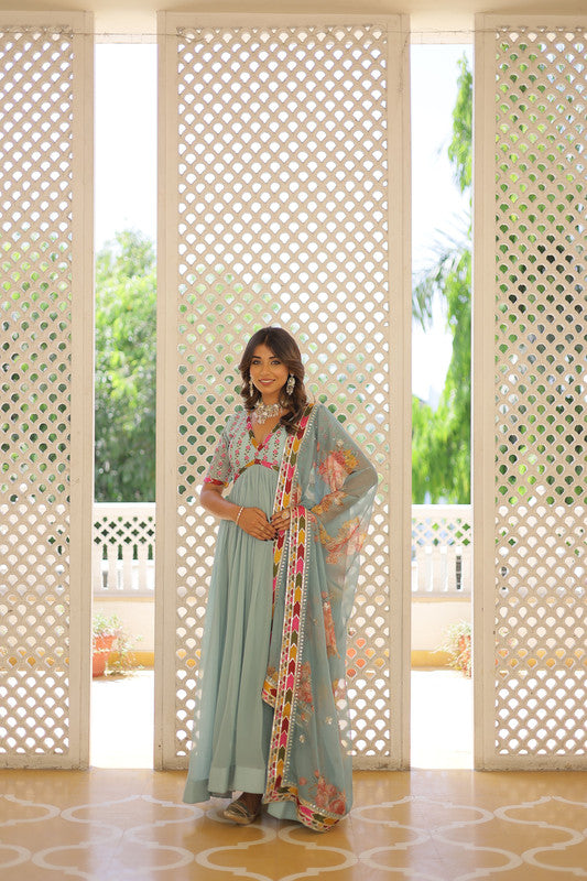 Jyoti Fashion Women's Sky Blue Faux Georgette Sequins Zari Embroidered Anarkali Dress with Dupatta