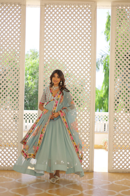 Jyoti Fashion Women's Sky Blue Faux Georgette Sequins Zari Embroidered Anarkali Dress with Dupatta