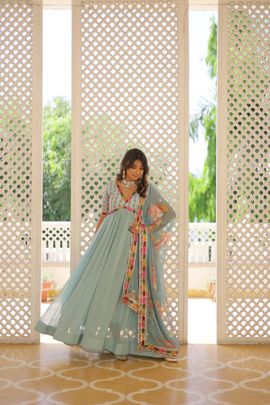 Jyoti Fashion Women's Sky Blue Faux Georgette Sequins Zari Embroidered Anarkali Dress with Dupatta