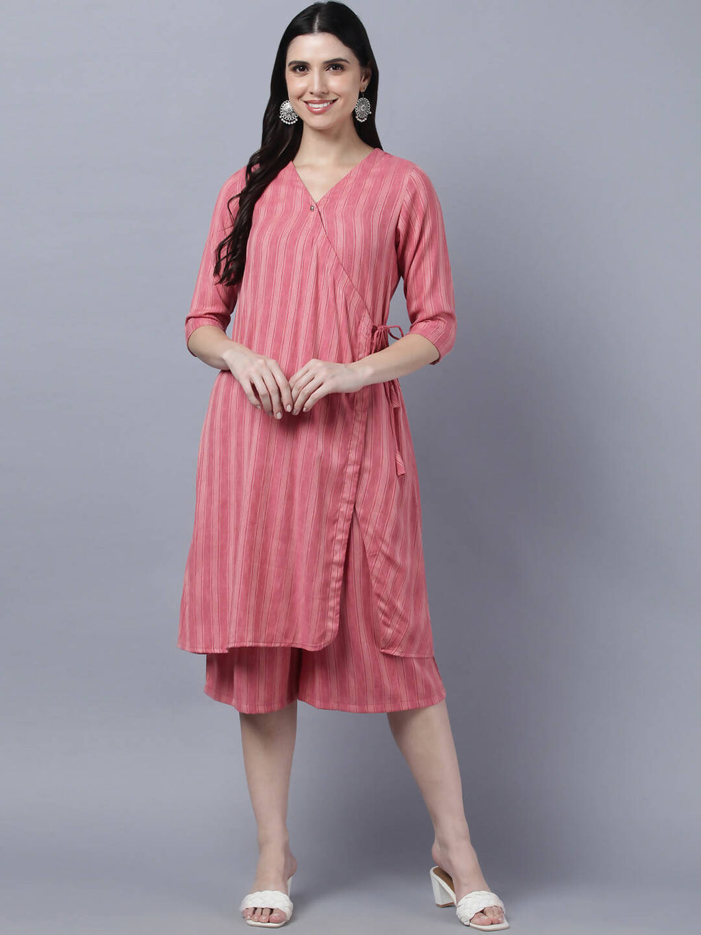 Myshka Stylish Pink Cotton 3/4 Sleeve Women's Kurta Palazzo Set
