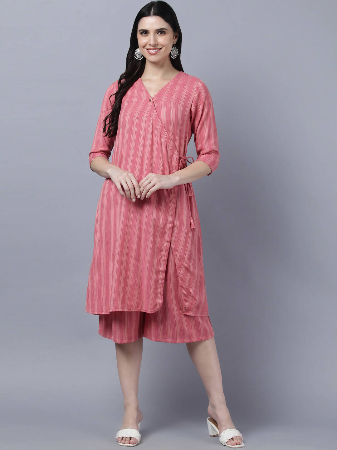 Myshka Stylish Pink Cotton 3/4 Sleeve Women's Kurta Palazzo Set