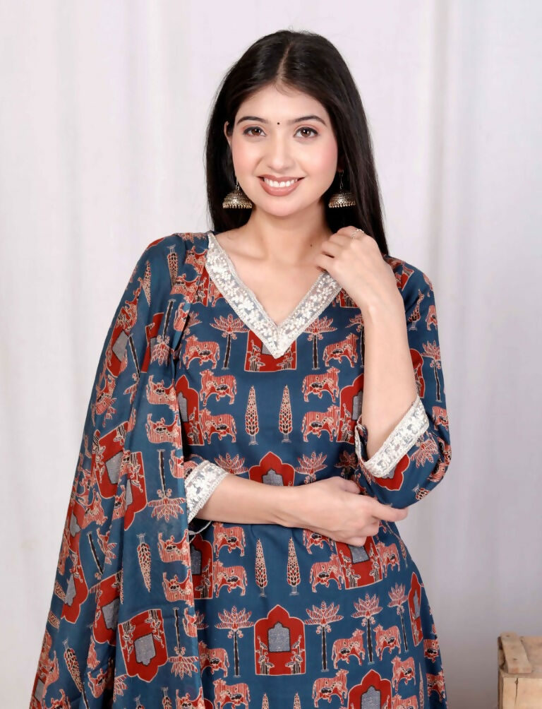 Miravan Women's Pure Cotton Animal Printed Zari Lace Work Blue Jaipuriya Anarkali Suit Set
