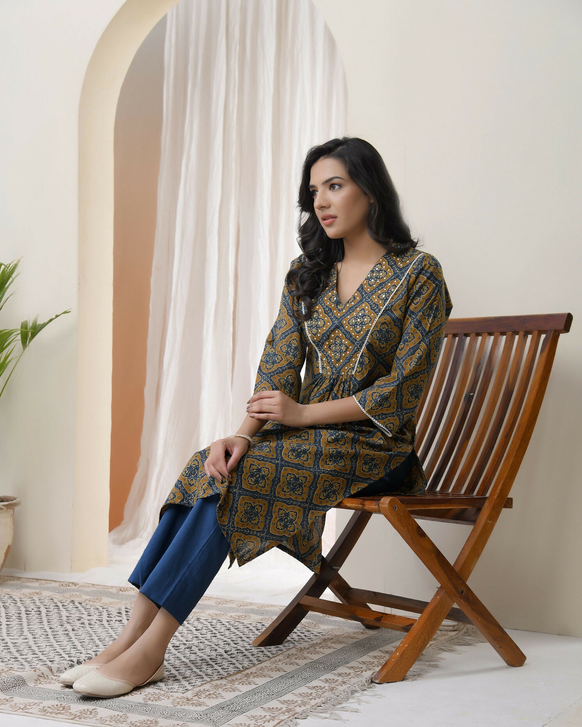 Vaasva Blue Ajrakh Cotton Printed Gathered Kurti With Pant