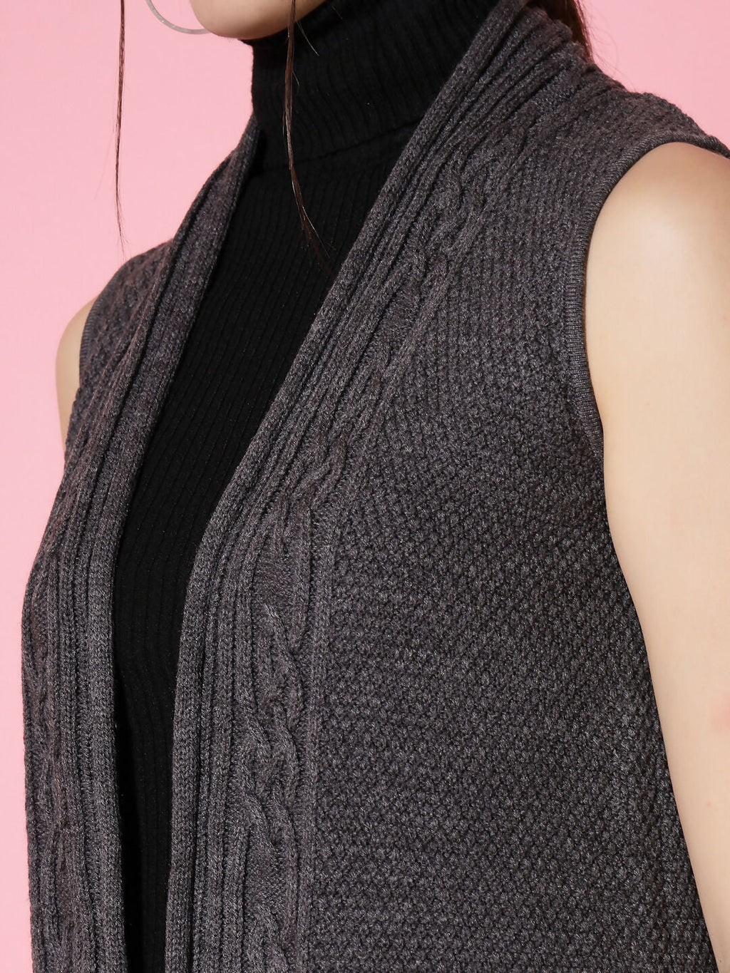 Women Charcoal Acrylic Self Design Winter Cardigan - Wool Trees