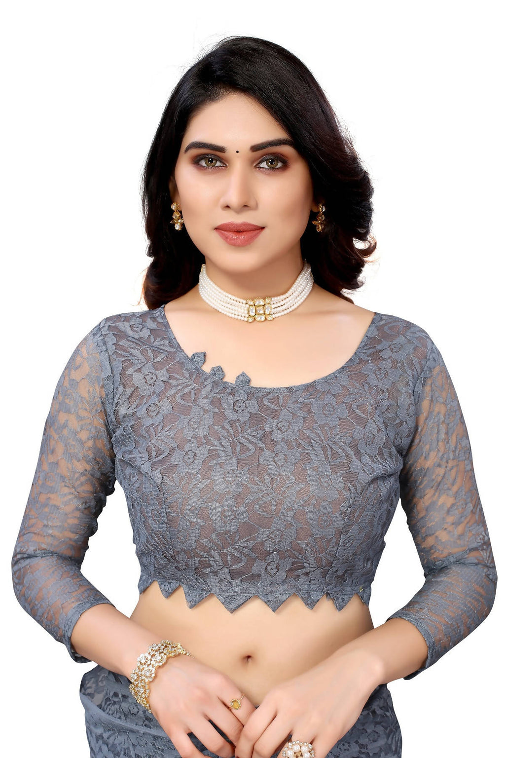 Vamika Ethnic Fire Grey Pearls Net Saree