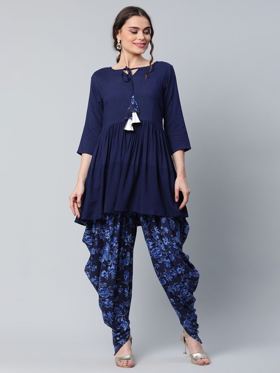 Ahalyaa Women Navy Blue Rayon Floral Empire Kurti with Dhoti Pants