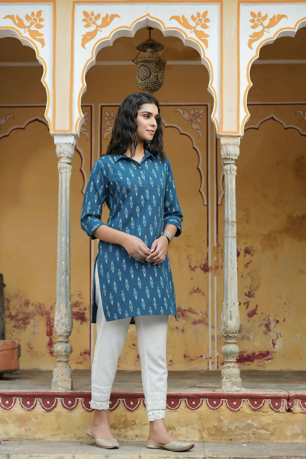 Juniper Women's Navy Cotton Flex Printed Straight Kurta