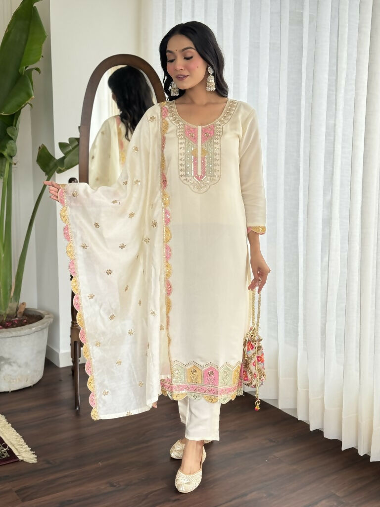 Cream Viscose chanderi Stitched Suit With Dupatta - Tanisha