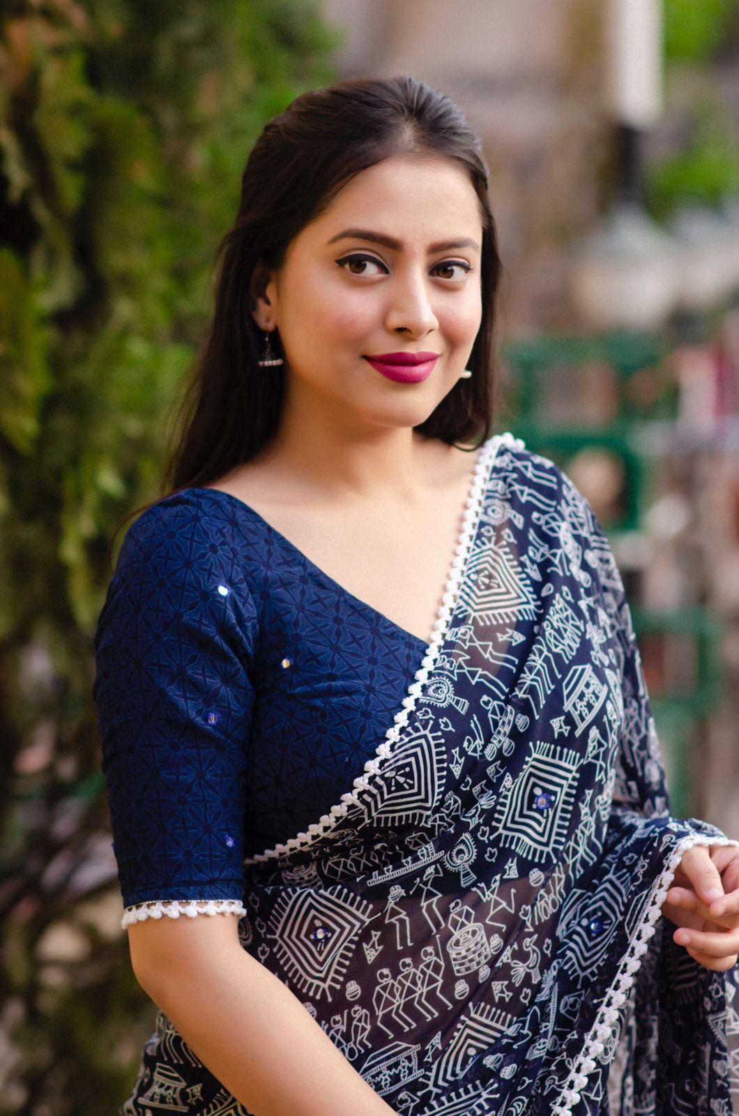 Blue Poly Georgette Ethnic Motifs Saree with Unstitched Blouse - Hiral Fashion