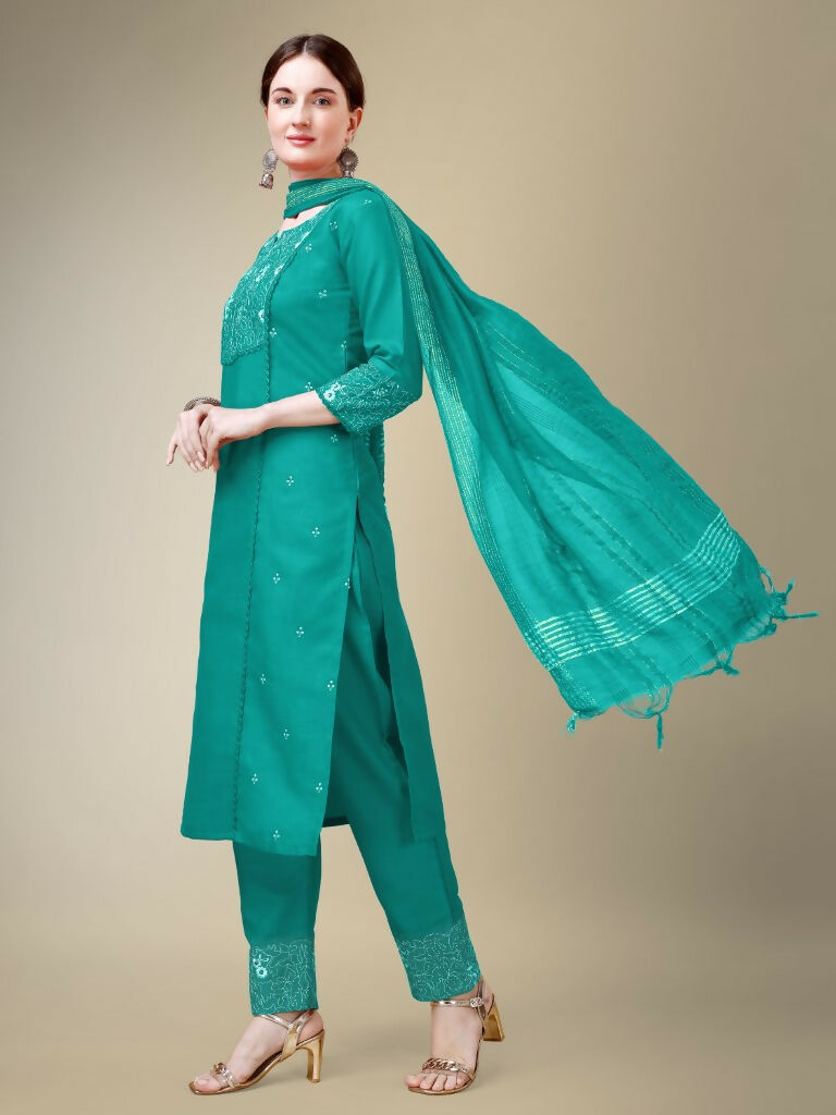 Jyoti Fashion Women's Rama Cotton Blend Embroidery & Fancy Lace work Kurta with Trouser & Dupatta