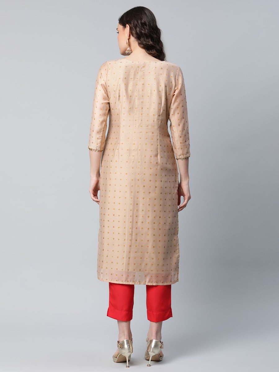 Ahalyaa Women Beige Colour Chanderi Printed Kurta Pant Set