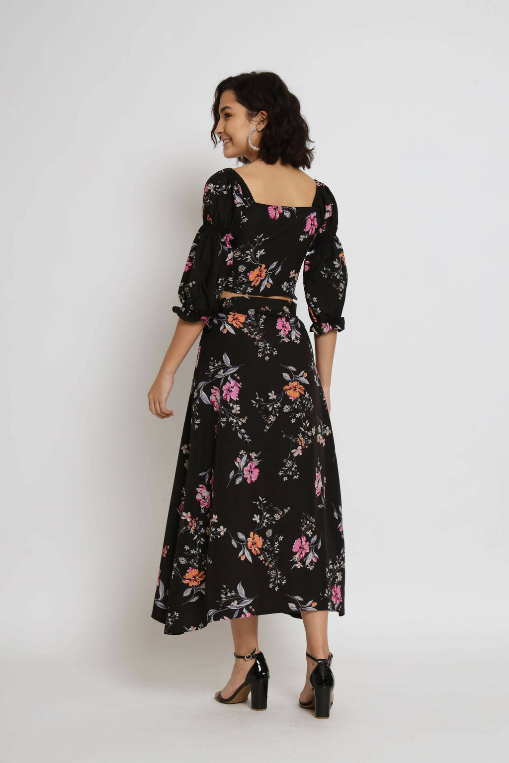 Black Crepe Floral Printed Top with Matching Skirt - Shivani