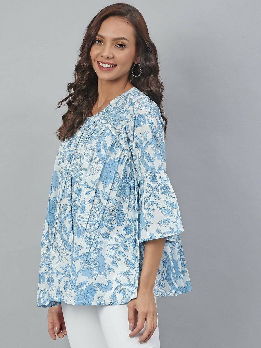 Janasya Women's White Cotton Floral Print Tiered Top