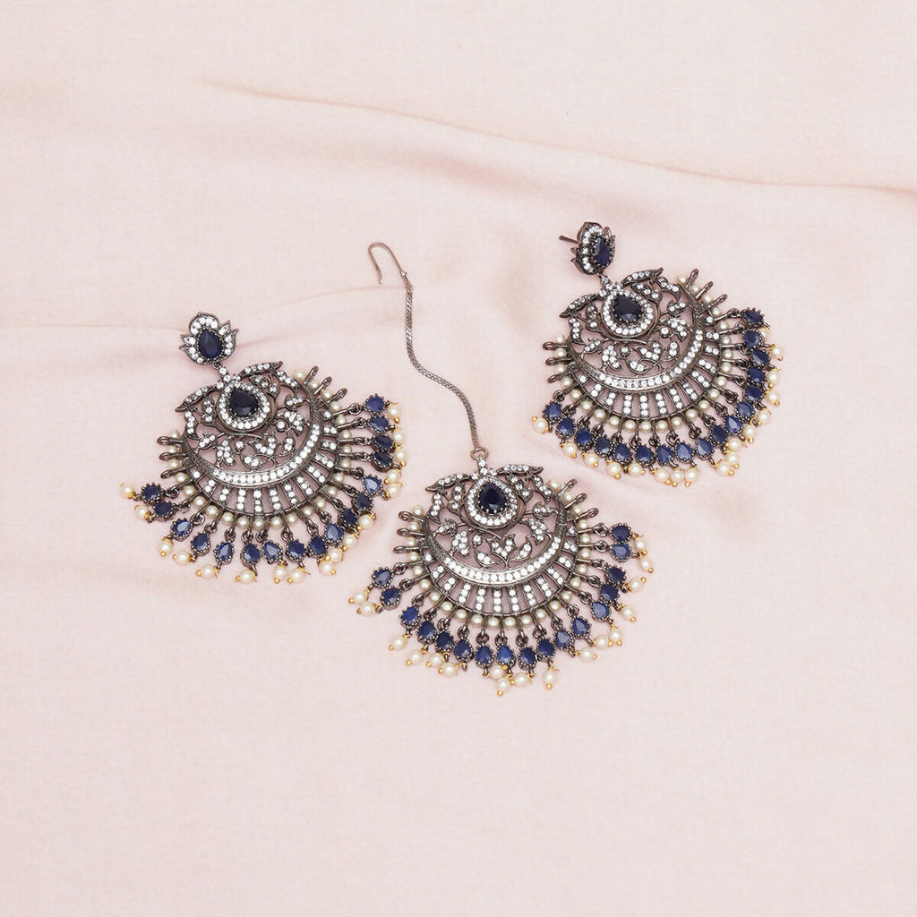 Diamond & Blue Stone Earrings with Matching Maang Tikka- Ruby Raang