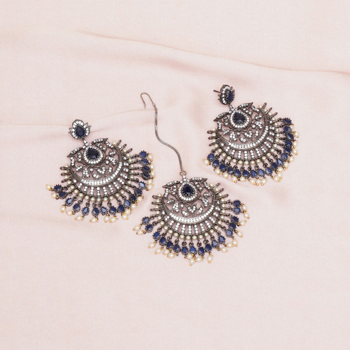 Diamond & Blue Stone Earrings with Matching Maang Tikka- Ruby Raang