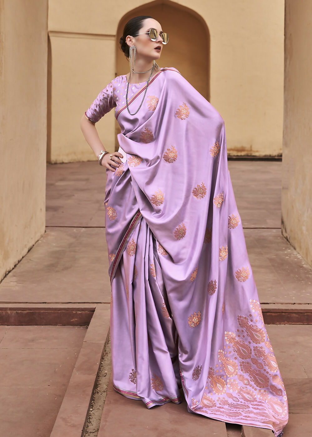 Lilac Purple Pure Satin Zari Weaving Wedding Festive Saree - Emponline