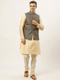 Jompers Men's Golden Dupion Silk Kurta with Churidar & Nehru Jacket ( Blue )