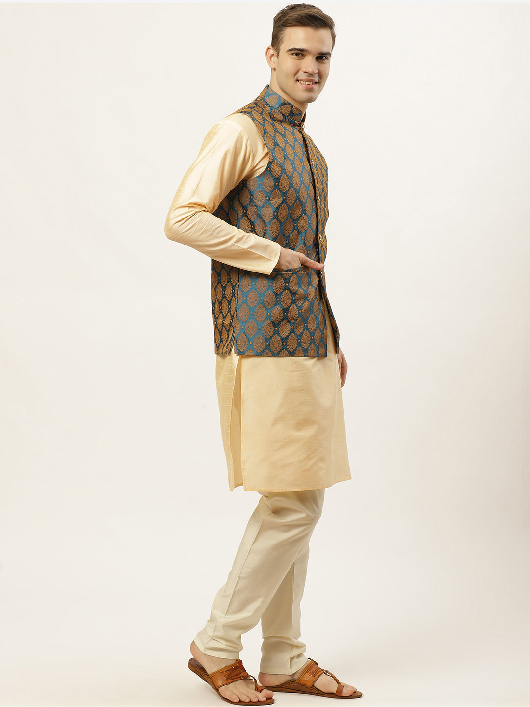 Jompers Men's Golden Dupion Silk Kurta with Churidar & Nehru Jacket ( Blue )
