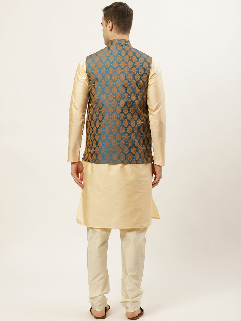Jompers Men's Golden Dupion Silk Kurta with Churidar & Nehru Jacket ( Blue )